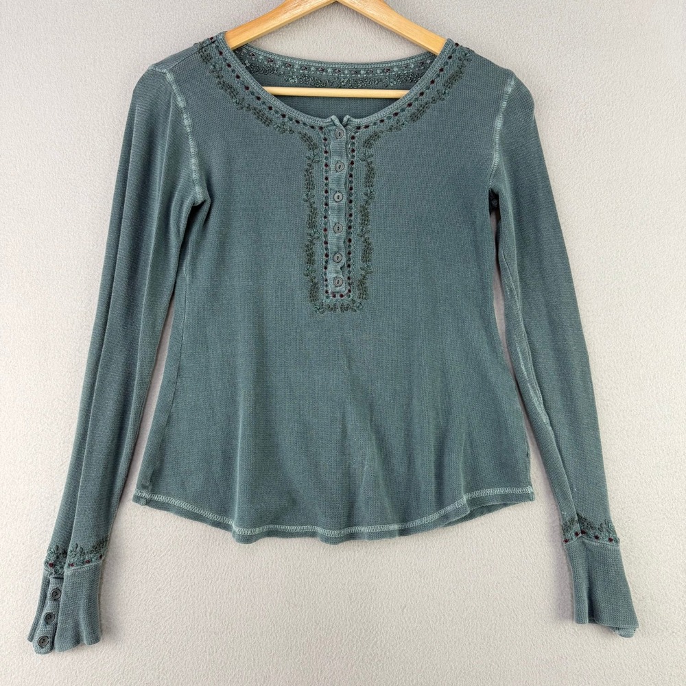 Lucky Brand Henley Top Womens M Waffle Knit Embroidered Long Sleeve Boho Y2K